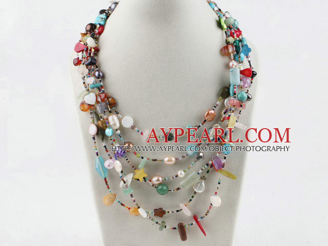 Multi Strand Colorful Mixed Pearl Turquoise Agate Coral Beads Necklace
