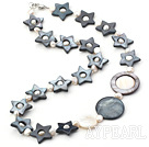 Lovely Hollow Star Black Shell And White Freshwater Pearl Strand Necklace