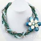 Multi Strands Peacock Color Pearl Crystal and Shell Flower Party Necklace