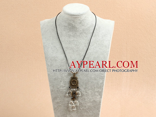 Simple Retro Style Heart Shape Clear Crystal Pendant Necklace With Black Leather
