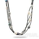 Three Strands 11-12mm White Black Gray Freshwater Pearl and Black Leather Necklace