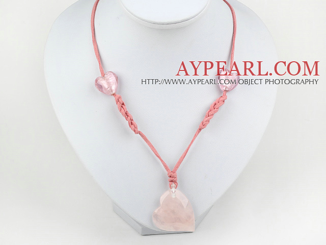 heart shape rose quartze colored glaze necklace with extendable chain