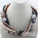 Multi Twisted Strands Mixed Color Pearl Agate And White Crystal Necklace With Moonight Clasp