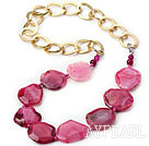 Hot Pink Color Burst Pattern Crystallized Agate Knotted Necklace with Golden Color Metal Chain ( The Chain Can Be Deducted )