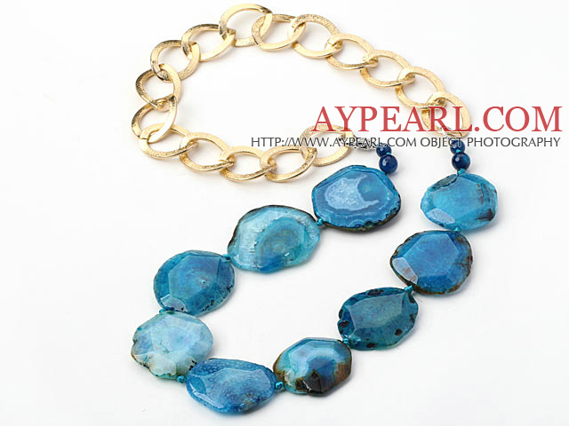 Blue Color Burst Pattern Crystallized Agate Knotted Necklace with Golden Color Metal Chain ( The Chain Can Be Deducted )