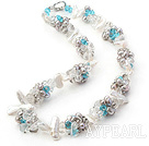 Beautiful White Biwa And Grey Freshwater Pearl Blue Crystal Cluster Strand Necklace