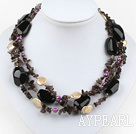 3-strand red pearl and smoky quartze necklace