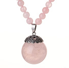 2014 Beautiful Long Style Round Rose Quartz Beads Pendant Necklace with Ajustable String