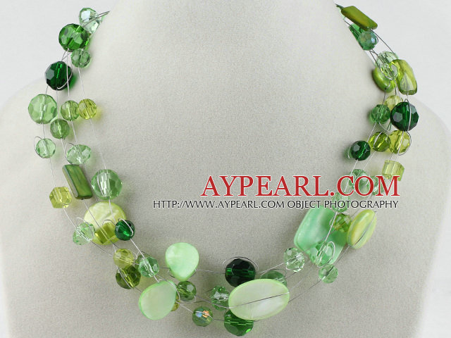 multi strand green crystal and shell necklace