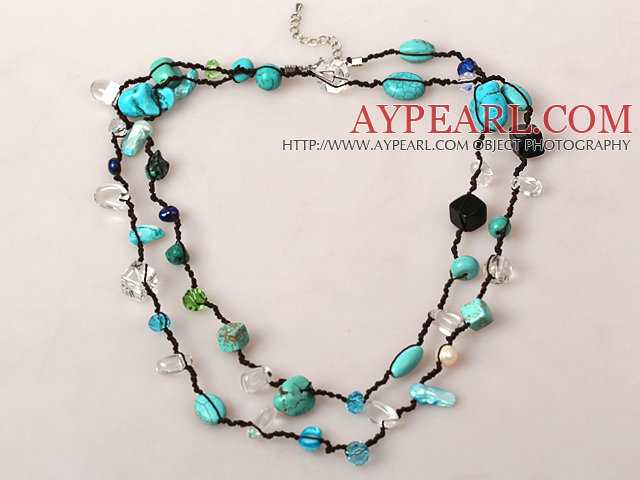 Long Style Turquoise and Pearl Crystal Hand Knotted Necklace