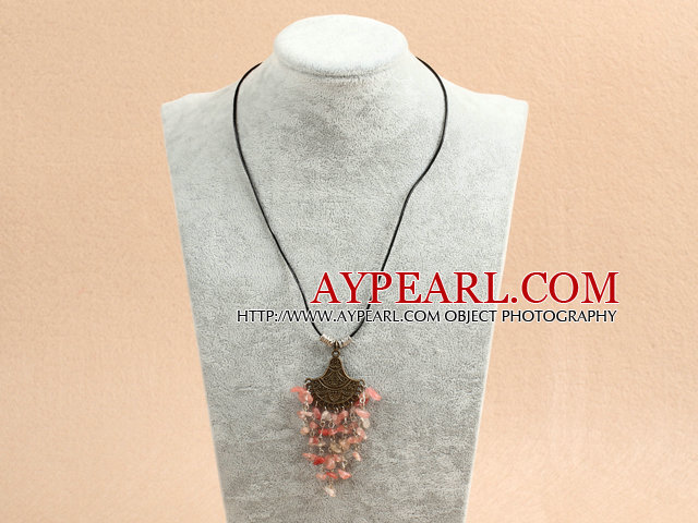Simple Retro Style Chandelier Shape Watermelon Crystal Tassel Pendant Necklace With Black Leather