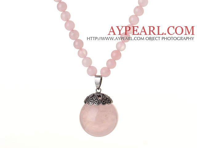 2014 Beautiful Long Style Round Rose Quartz Beads Pendant Necklace with Ajustable String