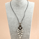 Simple Retro Style Chandelier Shape White Seashell Beads Tassel Pendant Necklace With Black Leather
