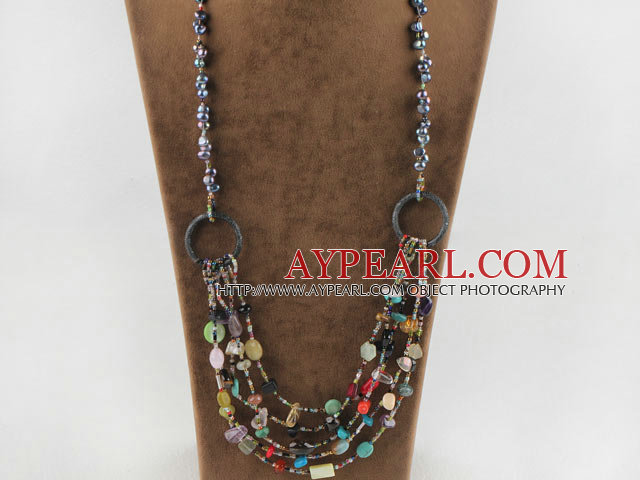 25.6 inches fashion black pearl multi color gemstone necklace