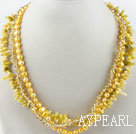 fashion three strand yellow pearl crystal and coral necklace