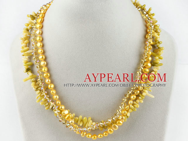 fashion three strand yellow pearl crystal and coral necklace