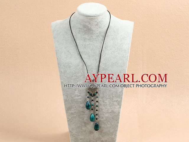 Simple Retro Style Tear Drop Phoenix Stone Tassel Pendant Necklace With Black Leather