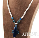 White Freshwater Pearl and Cross Shape Blue Agate Pendant Necklace