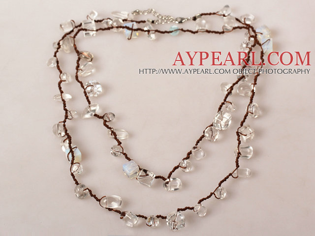 Long Style Clear Crystal and Opal Hand Knotted Necklace