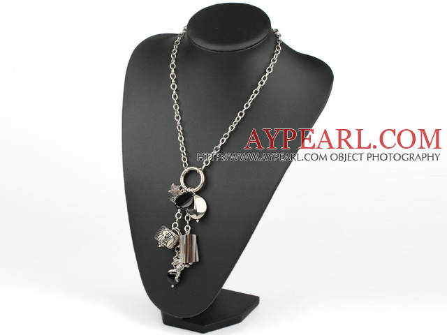 Simple Long Chain Loop Style Multi Agate Crystal And Metal Charm Pendant Necklace