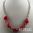 17.7 inches red coral grey crystal necklace