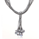 Multi Strands 11-12mm Gray Freshwater Pearl Leather Necklace with Magnetic Clasp and Gray Leather