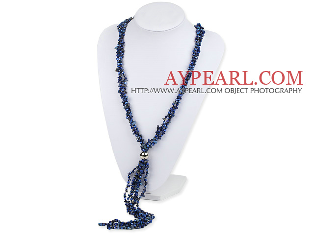 3 Strand Lapis Chips and Pearl Y Shape Tassel necklace