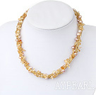 Multi Strand Light Pink Freshwater Pearl And Yellow Crystal Necklace With Moonight Clasp