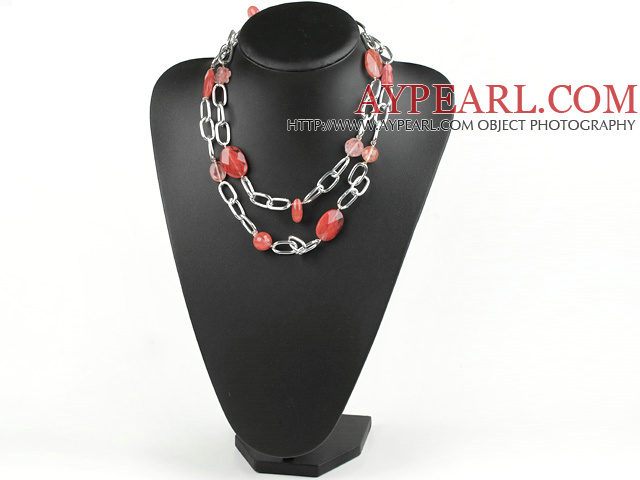 Popular Long Chain Loop Style Mixed Size And Shape Cherry Quartz Necklace, Sweater Necklace