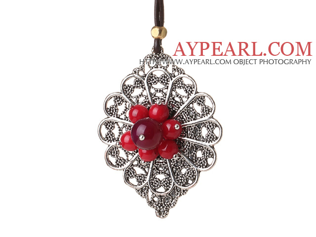 Newly Exquisite Simple Style Tibet Silver Pendant Necklace with Agate and Coral Flower Heart