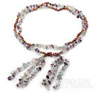 Multi Function Golden Brown Pink Freshwater Pearl And Chipped Rainbow Fluorite Pendant Necklace, Sweater Necklace