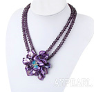 Popular Double Strand Purple Crystal And Shell Flower Pendant Necklace