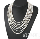 Elegant Multi-Strand Natural White Fresh Water Pearl Necklace With Multi-Row Clasp