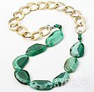 Green Color Burst Pattern Crystallized Agate Knotted Necklace with Golden Color Metal Chain ( The Chain Can Be Deducted )