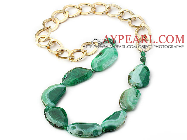 Green Color Burst Pattern Crystallized Agate Knotted Necklace with Golden Color Metal Chain ( The Chain Can Be Deducted )