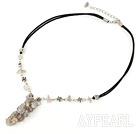 Fashion Gray Chipped Agate Pendant Necklace With Black Cord
