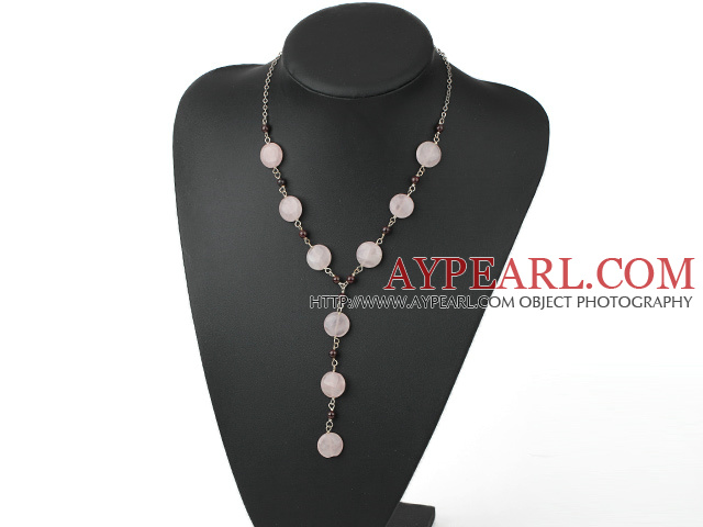 Fashion Loop Chain Garnet And Flat Round Rose Quartz Y Shape Pendant Necklace