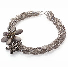 Gray Series Multi Strands Gray Pearl Crystal and Gray Shell Flower Party Necklace