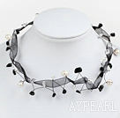 Simple Style Black And White Crytal And White Freshwater Pearl Ribbon Necklace
