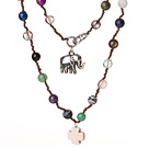 Wholesale Beautiful Long Style Multi Stone Woven Necklace with Elephant And Cross Pendant(Random Stone Color)