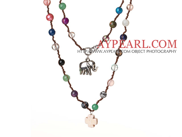 Beautiful Long Style Multi Stone Woven Necklace with Elephant And Cross Pendant(Random Stone Color)