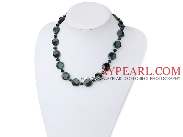 Nice Black Freshwater Pearl And Irregular Shape Indian Agate Strand Necklace With Moonight Clasp