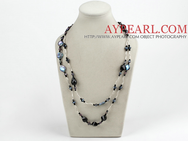 Beautiful Long Coin Pearl And Faceted Black Agate Crystal Wired Strand Necklace