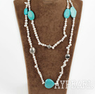 Long Style White Baroque Pearl And Oval Heart Shape Blue Turquoise Metal Charm Necklace