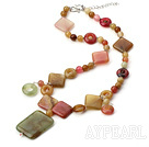 Natural Beautiful Three Color Jade Necklace With Large Square Pendant
