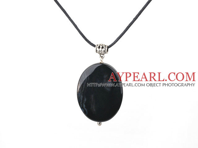 Lovely Large Black Oval Agate Pendant Necklace With Black Cord