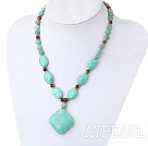 Wholesale Fashion Round Amazon Tiger Eye And Rhombus Blue Turquoise Pendant Necklace