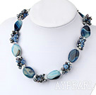 Fashion Cluster Style Black Pearl Blue Crystal And Blue Agate Beads Necklace With Magnetic Clasp