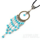 Fashion Round Blue Turquoise Link Bronze Looped Tibet Silver Tube Pendant Necklace With Black Cord