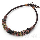 Fashion 6*8Mm Tournamel Chips Beaded Necklace With Dark Brown Loops Cords